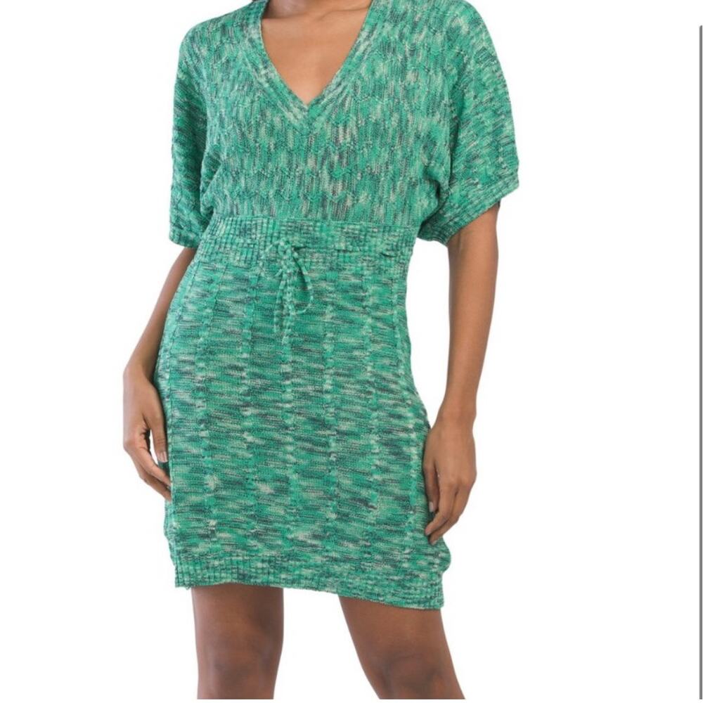 Vertigo Paris boho knit sweater dress M green marled V-neck batwing drawstring